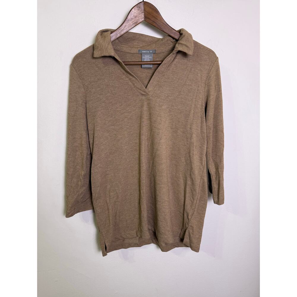 Matty M Brown Collared Knit Top Size S 3/4 Sleeve Soft Stretch Pullover